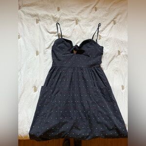 NAVY- SEERSUCKER MIDI EMBROIDERED TEA DRESS -Small